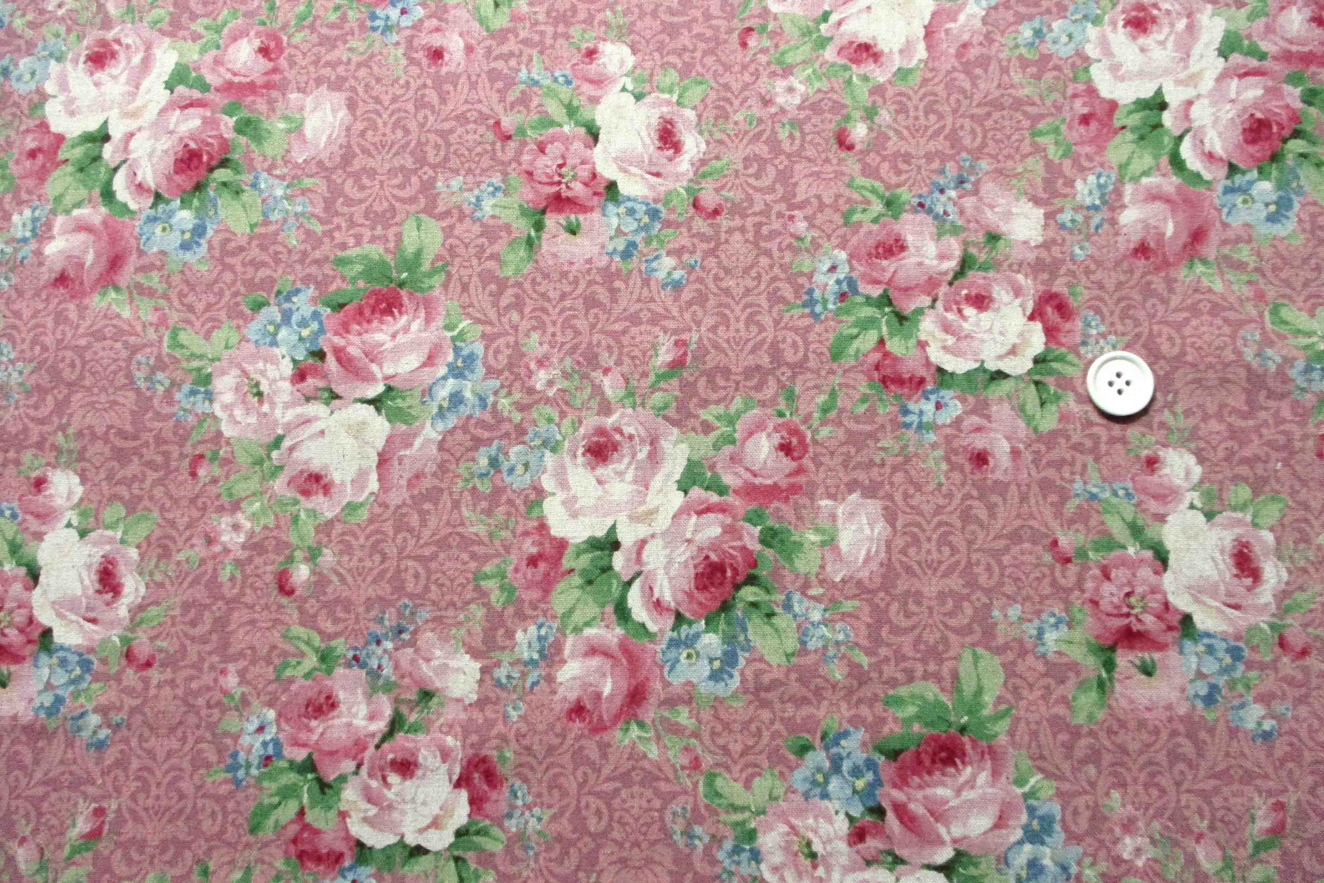 綿麻キャンバス 薔薇のフラワープリント オールドピンク地